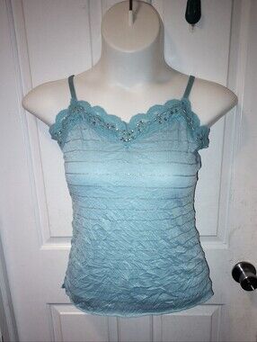 🆕Lena Jeans Y2K Women Cami Dusty Blue Crinkle Lace Trim Tank Sz M